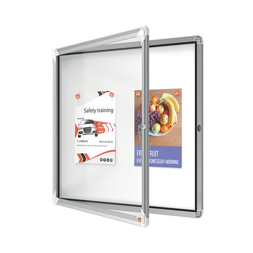 Magnetic outdoor weatherproof lockable notice board with a hinged glass door and side lock. Complete with a modern stylish aluminum trim and fixed with a through corner wall mounting. Excellent magnetic notice board surface to securely display your notices.