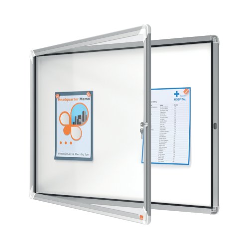 Magnetic outdoor weatherproof lockable notice board with a hinged glass door and side lock. Complete with a modern stylish aluminum trim and fixed with a through corner wall mounting. Excellent magnetic notice board surface to securely display your notices.