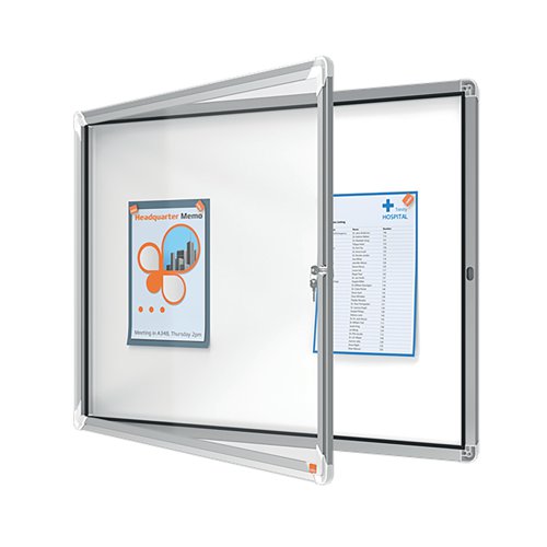 Magnetic outdoor weatherproof lockable notice board with a hinged glass door and side lock. Complete with a modern stylish aluminum trim and fixed with a through corner wall mounting. Excellent magnetic notice board surface to securely display your notices.