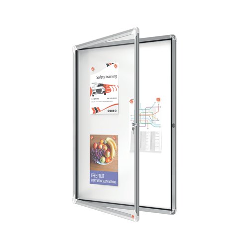 Magnetic outdoor weatherproof lockable notice board with a hinged glass door and side lock. Complete with a modern stylish aluminum trim and fixed with a through corner wall mounting. Excellent magnetic notice board surface to securely display your notices.