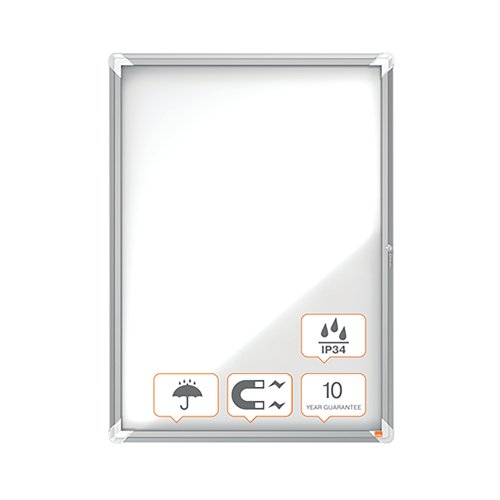 Magnetic outdoor weatherproof lockable notice board with a hinged glass door and side lock. Complete with a modern stylish aluminum trim and fixed with a through corner wall mounting. Excellent magnetic notice board surface to securely display your notices.