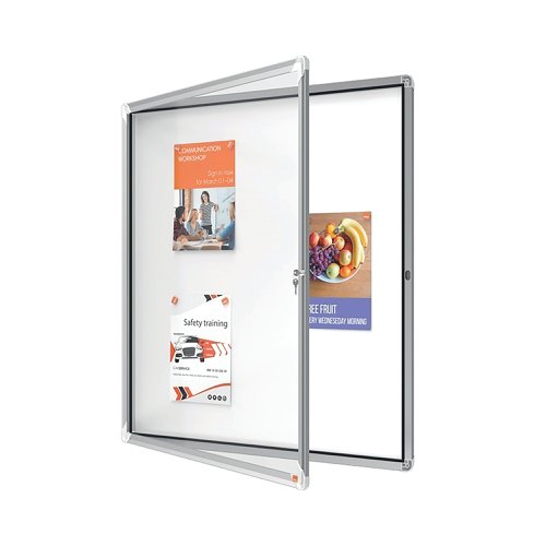 Magnetic outdoor weatherproof lockable notice board with a hinged glass door and side lock. Complete with a modern stylish aluminum trim and fixed with a through corner wall mounting. Excellent magnetic notice board surface to securely display your notices.