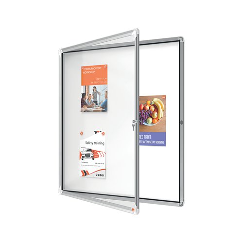 Magnetic outdoor weatherproof lockable notice board with a hinged glass door and side lock. Complete with a modern stylish aluminum trim and fixed with a through corner wall mounting. Excellent magnetic notice board surface to securely display your notices.