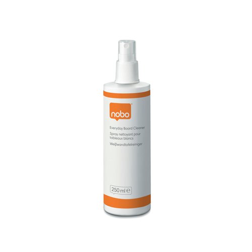 This whiteboard cleaning spray is perfect as part of your daily maintenance routine for your whiteboard. In a handy pump action, this cleaning spray can be used on all dry wipe surfaces and in conjunction with other Nobo whiteboard cleaning products to keep your dry erase boards surface performing at it's best. Size 250ml.