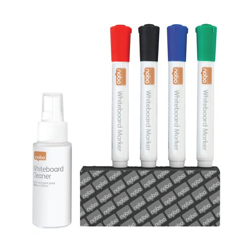 This whiteboard Starter kit has everything you need to get started with your Nobo dry erase whiteboard. Pack of 4 low odour whiteboard pens (black, red, green and blue) to meet all your presentation needs. Supplied with a whiteboard eraser and spray cleaner to keep your whiteboard looking its best.