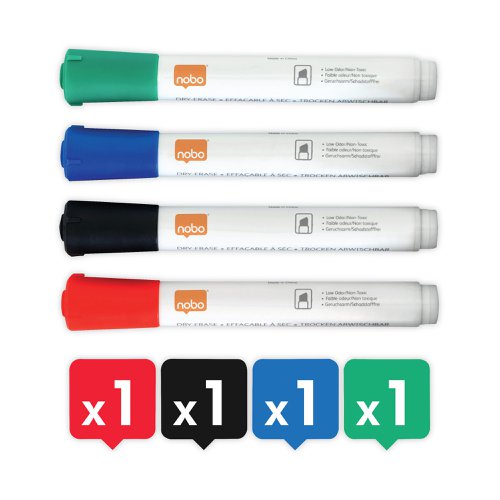 This whiteboard Starter kit has everything you need to get started with your Nobo dry erase whiteboard. Pack of 4 low odour whiteboard pens (black, red, green and blue) to meet all your presentation needs. Supplied with a whiteboard eraser and spray cleaner to keep your whiteboard looking its best.