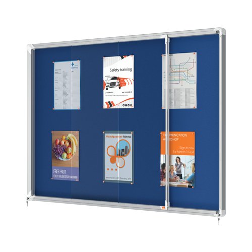 Felt lockable notice board with sliding glass doors and unobtrusive integrated corner lock. Complete with a modern stylish aluminum trim and fixed with a rail and through corner wall mounting. Excellent felt notice board surface to securely pin and display your notices. Size: 18 x A4 sheets.