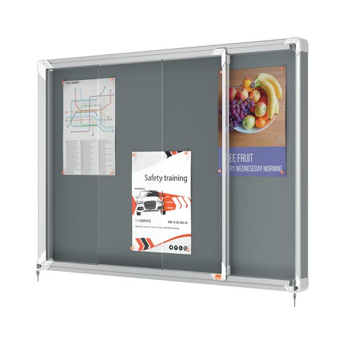 Felt lockable notice board with sliding glass doors and unobtrusive integrated corner lock. Complete with a modern stylish aluminum trim and fixed with a rail and through corner wall mounting. Excellent felt notice board surface to securely pin and display your notices. Size: 8 x A4 sheets.