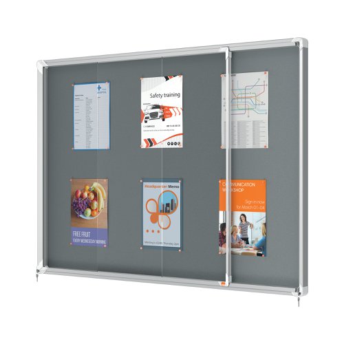 Felt lockable notice board with sliding glass doors and unobtrusive integrated corner lock. Complete with a modern stylish aluminum trim and fixed with a rail and through corner wall mounting. Excellent felt notice board surface to securely pin and display your notices. Size: 18 x A4 sheets.