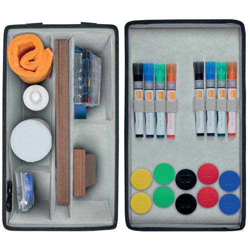 This portable, whiteboard accessories kit bag offers ultimate flexibility, enabling collaborative meetings and brainstorming sessions wherever and whenever you need. Featuring a magnetic lid for convenient magnet storage and elastic loops for easy access to whiteboard pens. This stylish fabric bag is lightweight and contains all the essentials, ensuring productive teamwork in the office or on the go. The durable accessories bag is designed to support weights of up to 8kg and is fully collapsible for convenient storage when not in use. Includes: 10 multicoloured whiteboard pens, 10 assorted coloured whiteboard magnets (38mm), assorted magnetic writing squares, 3mm x 10m black self-adhesive gridding tape, 100 pack of cleaning wipes, 200ml whiteboard cleaning spray, microfibre cleaning cloth, scissors, 4 A4 mini whiteboards and mini whiteboard pens in assorted colours for smaller group activities.