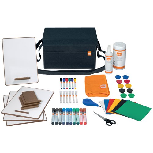 This portable, whiteboard accessories kit bag offers ultimate flexibility, enabling collaborative meetings and brainstorming sessions wherever and whenever you need. Featuring a magnetic lid for convenient magnet storage and elastic loops for easy access to whiteboard pens. This stylish fabric bag is lightweight and contains all the essentials, ensuring productive teamwork in the office or on the go. The durable accessories bag is designed to support weights of up to 8kg and is fully collapsible for convenient storage when not in use. Includes: 10 multicoloured whiteboard pens, 10 assorted coloured whiteboard magnets (38mm), assorted magnetic writing squares, 3mm x 10m black self-adhesive gridding tape, 100 pack of cleaning wipes, 200ml whiteboard cleaning spray, microfibre cleaning cloth, scissors, 4 A4 mini whiteboards and mini whiteboard pens in assorted colours for smaller group activities.