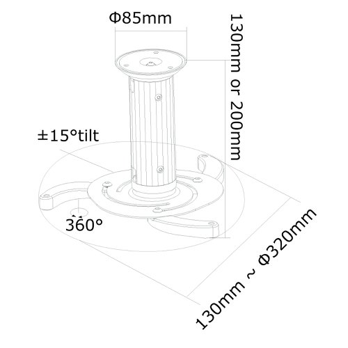 This ceiling mount is easy to install and suitable for projectors using the mounting holes on the bottom side of the projector. Supporting the weight of up to 15kg, this height and depth adjustable mount features tilt, rotate and swivel technology, allowing most viewing angles. Supplied in silver.