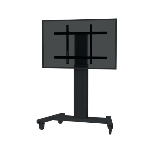 This motorised floor stand with tilt motion technology for up to 100 inch monitor screens features four solid castor wheels with two brakes. Supporting the weight of screens up to 130kg, this electric height adjustable mount is controlled via a remote control. Supplied in black.