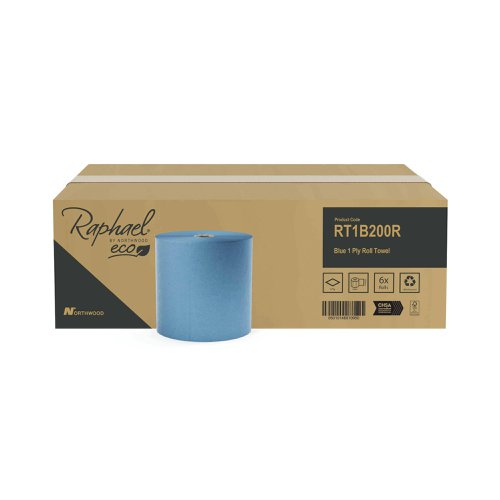 NH00373 | These recycled, 1-ply, towel rolls are designed to fit the Raphael dispensers. Made from 100% recycled materials, the laminated and embossed towels offer absorbency and strength. Supplied in a pack of 6 blue towel rolls.