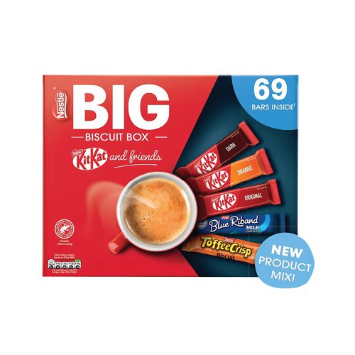 The Nestle Big Biscuit Box Assortment includes KitKat, Blue Riband and Toffee Crisp, approximately 69 biscuits per box. Contents includes 21 bars of KitKat 2 Finger Milk Chocolate, 9 bars of 2 Finger Dark Chocolate, 9 bars of KitKat 2 Finger Orange Chocolate, 16 bars of Blue Riband Milk Chocolate Wafer biscuits, 14 bars of Toffee Crisp. Ideal for sharing, choose your favourite and enjoy a with a cup of tea or coffee. Perfect for small to medium workplaces, care homes and staff rooms.