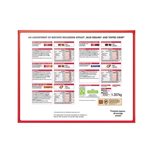 The Nestle Big Biscuit Box Assortment includes KitKat, Blue Riband and Toffee Crisp, approximately 69 biscuits per box. Contents includes 21 bars of KitKat 2 Finger Milk Chocolate, 9 bars of 2 Finger Dark Chocolate, 9 bars of KitKat 2 Finger Orange Chocolate, 16 bars of Blue Riband Milk Chocolate Wafer biscuits, 14 bars of Toffee Crisp. Ideal for sharing, choose your favourite and enjoy a with a cup of tea or coffee. Perfect for small to medium workplaces, care homes and staff rooms.