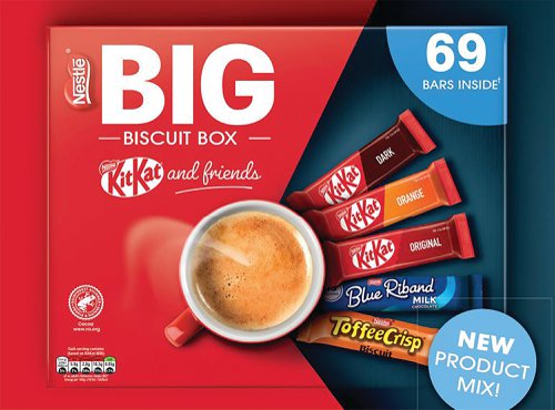 The Nestle Big Biscuit Box Assortment includes KitKat, Blue Riband and Toffee Crisp, approximately 69 biscuits per box. Contents includes 21 bars of KitKat 2 Finger Milk Chocolate, 9 bars of 2 Finger Dark Chocolate, 9 bars of KitKat 2 Finger Orange Chocolate, 16 bars of Blue Riband Milk Chocolate Wafer biscuits, 14 bars of Toffee Crisp. Ideal for sharing, choose your favourite and enjoy a with a cup of tea or coffee. Perfect for small to medium workplaces, care homes and staff rooms.