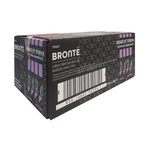 These Caf Bronte biscuits come in individually wrapped twin packs, perfect for hotels, shared kitchens and more. This bulk pack of 100 contains chocolate chip & orange, chocolate chip & vanilla, ginger and double chocolate biscuits, with 25 biscuits of each variety. Perfect as accompaniment to tea or coffee, or as a snack or treat any time of the day.