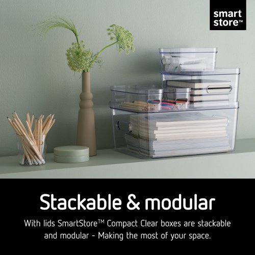 The transparent box size large with a 15.4 litre capacity is ideal for storage of items like magazines or documents for offices or at home. BPA free and food approved. The SmartStore Compact Clear is a modular, high-quality box that is easy to clean by hand-wash or in the dishwasher.