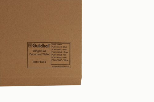 These Exacompta Guildhall plain document wallets are made from durable 285gsm manilla and are suitable for filing and organising loose A4 sheets. The wallets have a 32mm filing capacity for storing up to 320 sheets and a 3/4 length flap to help keep content secure. Suitable for colour coordinated filing, this pack contains 50 buff document wallets.