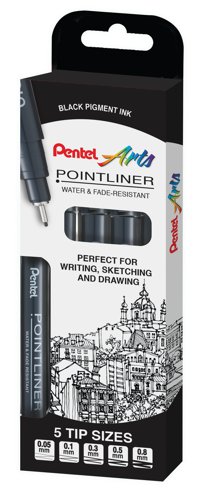 The Pentel Pointliner is ideal for sketching drawing and writing with a robust tip which retains its shape. With fade-resistant black pigment ink this pack of five pens with assorted tips facilitates the drawing of intricate details to bold lines and shading. Supplied in plastic free packaging.