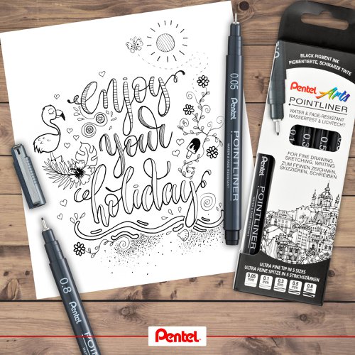 The Pentel Pointliner is ideal for sketching drawing and writing with a robust tip which retains its shape. With fade-resistant black pigment ink this pack of five pens with assorted tips facilitates the drawing of intricate details to bold lines and shading. Supplied in plastic free packaging.