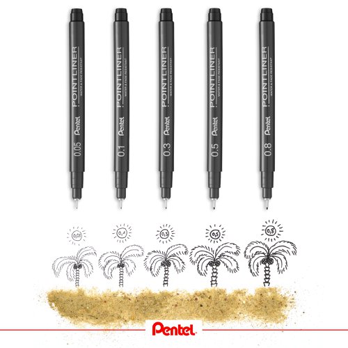 The Pentel Pointliner is ideal for sketching drawing and writing with a robust tip which retains its shape. With fade-resistant black pigment ink this pack of five pens with assorted tips facilitates the drawing of intricate details to bold lines and shading. Supplied in plastic free packaging.