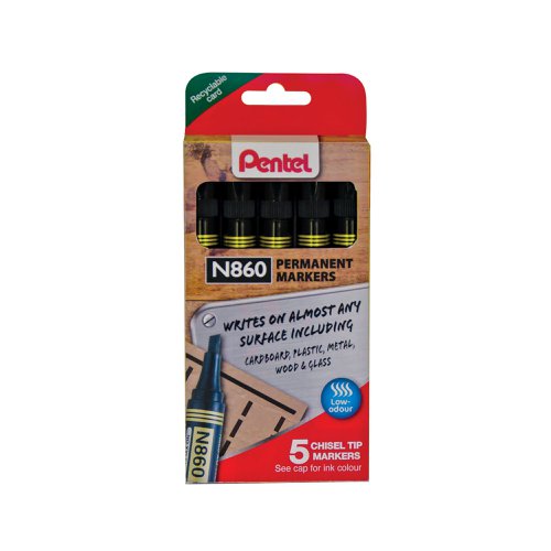 Pentel Chisel Tip Permanent Marker Black 5 Pack YN860/5-A