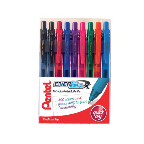 Pentel EnerGel Retractable Pen Medium Assorted (Pack of 9) YBL107/9-MIX