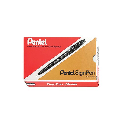 This fibre tip Pentel Sign Pen features non-permanent water based ink and writes a 2.0mm line width. Perfect for graphics and illustrations the environmentally friendly pen is made from 83% recycled materials excluding the ink. This pack contains 12 black pens.