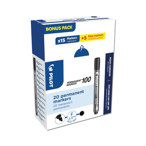 Pilot Permanent Marker 100 Bullet Tip Black Value Pack 15 + 5 FREE (Pack of 20) 3131910501268