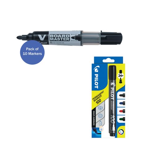 Pilot V-Board Master Bullet Tip Medium Black (Pack of 10) + FOC Assorted Markers