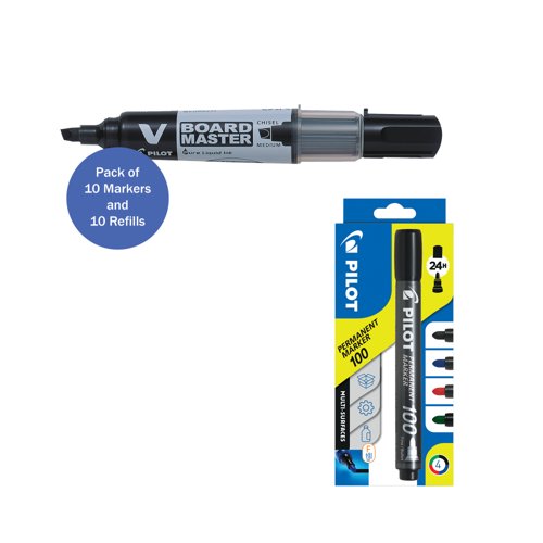 Pilot V-Board Drywipe 10 Markers+10 Refills Black (Pack of 20) + FOC Assorted Markers