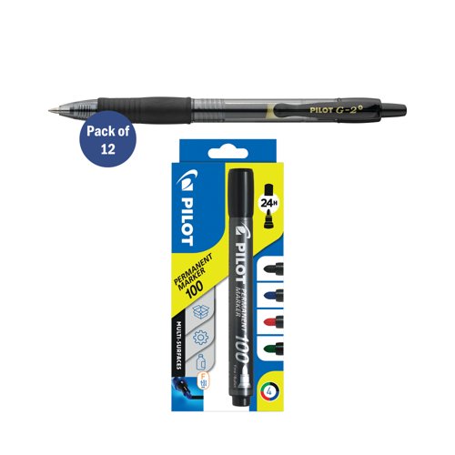 Pilot G-2 Gel Ink Rollerball Pen Medium Black Pack of 12 FOC x4 Pilot Assorted Markers