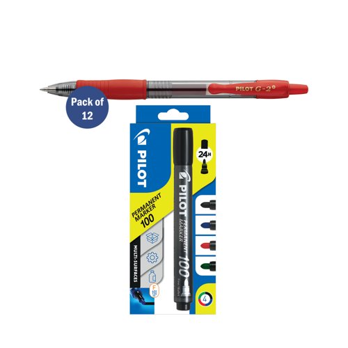 Pilot G-2 Gel Ink Rollerball Pen Medium Red Pack of 12 FOC x4 Pilot Assorted Markers