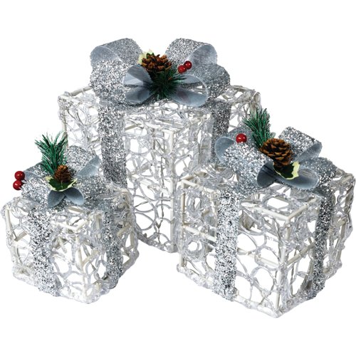 LED Outdoor/Indoor Light Up Christmas Presents Silver Pack of 3 GH9069