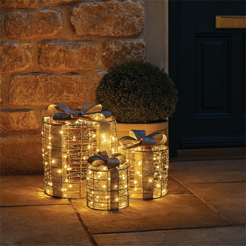 LED Light Up Christmas Presents Mixed Sizes Silver Pack of 3 XH10088