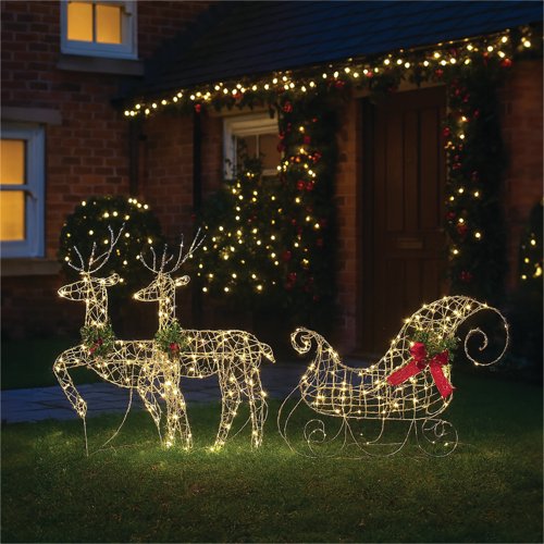 LED Outdoor/Indoor Light Up Sledge/Deer Warm White Pack of 3 XH10089