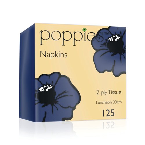 Poppies 2-Ply Tissue Napkins Luncheon 4 Fold Navy Blue 33cm (Pack of 125) 3324NB
