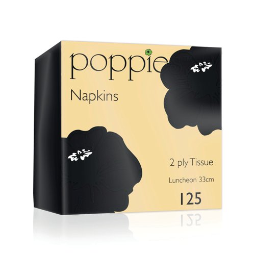 Poppies 2-Ply Tissue Napkins Luncheon 4 Fold Black 33cm (Pack of 125) 3324BK