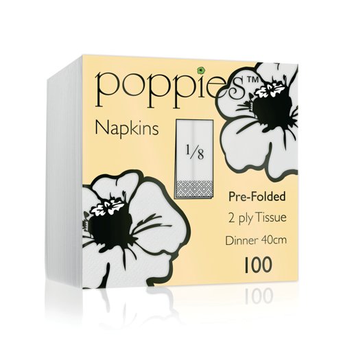 Poppies 2-Ply Tissue Napkins 8 Fold Pre-Folded White 40cm (Pack of 100) 4028WH