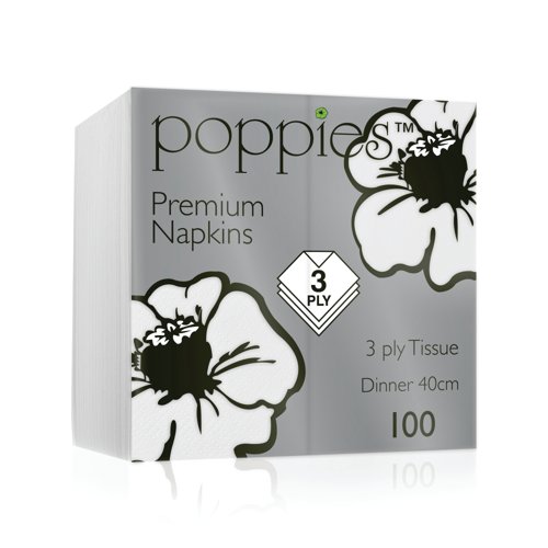 Poppies 3-Ply Napkins 8 Fold 40cm White (Pack of 1000) 4038WH/CASE