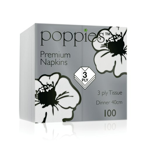 Poppies Premium 3-Ply Tissue Dinner Napkins 8 Fold White 40cm (Pack of 100) 4038WH