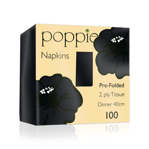 Poppies 2-Ply Tissue Dinner Napkins Pre-Folded Black 40cm (Pack of 100) 4028BK