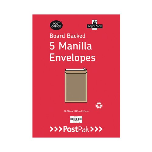 Postpak C4 Peel and Seal Manilla Board Back 115gsm 20 Packs of 5 (Pack 100) Envelopes 9730247