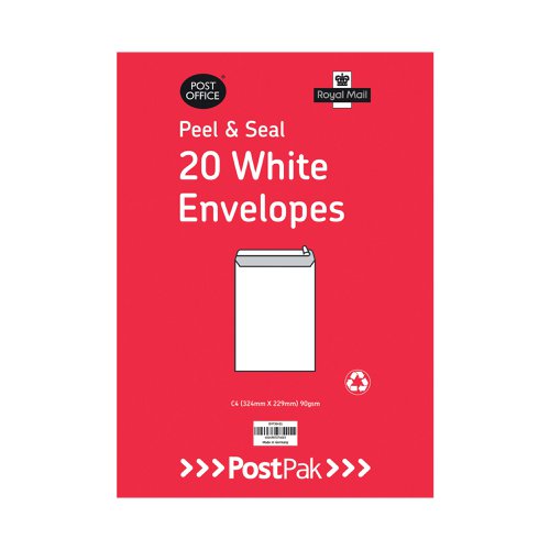 Postpak C4 Peel and Seal White 90gsm 10 Packs of 20 (200 Pack) Envelopes 9730451