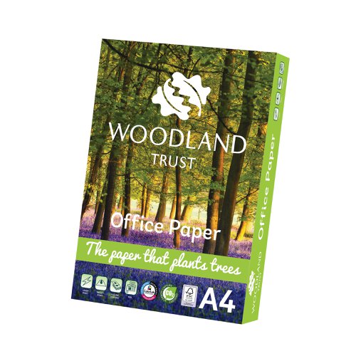 This Woodland Trust high white office paper is completely chlorine free and suitable for use in photocopiers, fax machines, laser printers and inkjet printers. Woodland Trust supports projects that improve biodiversity, enhance social wellbeing and help the UK landscape adapt to climate change. Energy for paper production is generated from waste material with no CO2 emissions from fossil fuels. Also, excess heat from paper production is piped to a community heating project. This pack contains 2,500 sheets of 75gsm A4 paper.