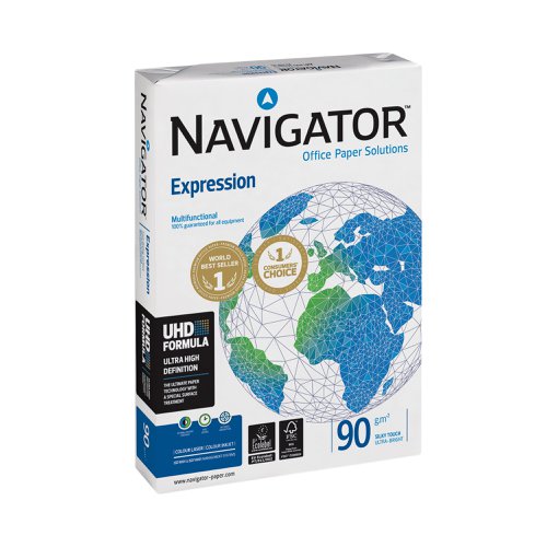 A bright white paper, Navigator Expression provides an excellent print contrast for high quality colour and mono documents. Smooth, thick and opaque, this 90gsm A4 paper is perfect for printing reports and is supplied in a pack of 2500 sheets.