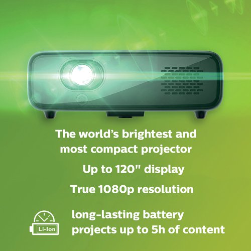 PQ96049 | The Philips PicoPix Max One Projector displays movies and more in true Full HD 1080p high definition sharpness. With 4 LED channels, picture and colours remain lifelike, text stays crystal clear. The built-in 5 hour battery gives you the time you need to binge watch your TV shows. With its electric focus, digital zoom and auto-keystone, quickly enjoy a perfect and clear video wherever you project. The USB Type-C port delivers data, audio and video to connect your laptops (Mac and Windows Ready), smartphones, or tablets. Rated to last 30,000 hours, the PicoPix Max One light source will display an amazing, vivid picture for years to come.