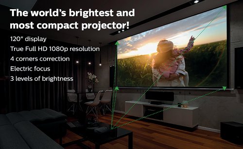 PQ96049 | The Philips PicoPix Max One Projector displays movies and more in true Full HD 1080p high definition sharpness. With 4 LED channels, picture and colours remain lifelike, text stays crystal clear. The built-in 5 hour battery gives you the time you need to binge watch your TV shows. With its electric focus, digital zoom and auto-keystone, quickly enjoy a perfect and clear video wherever you project. The USB Type-C port delivers data, audio and video to connect your laptops (Mac and Windows Ready), smartphones, or tablets. Rated to last 30,000 hours, the PicoPix Max One light source will display an amazing, vivid picture for years to come.